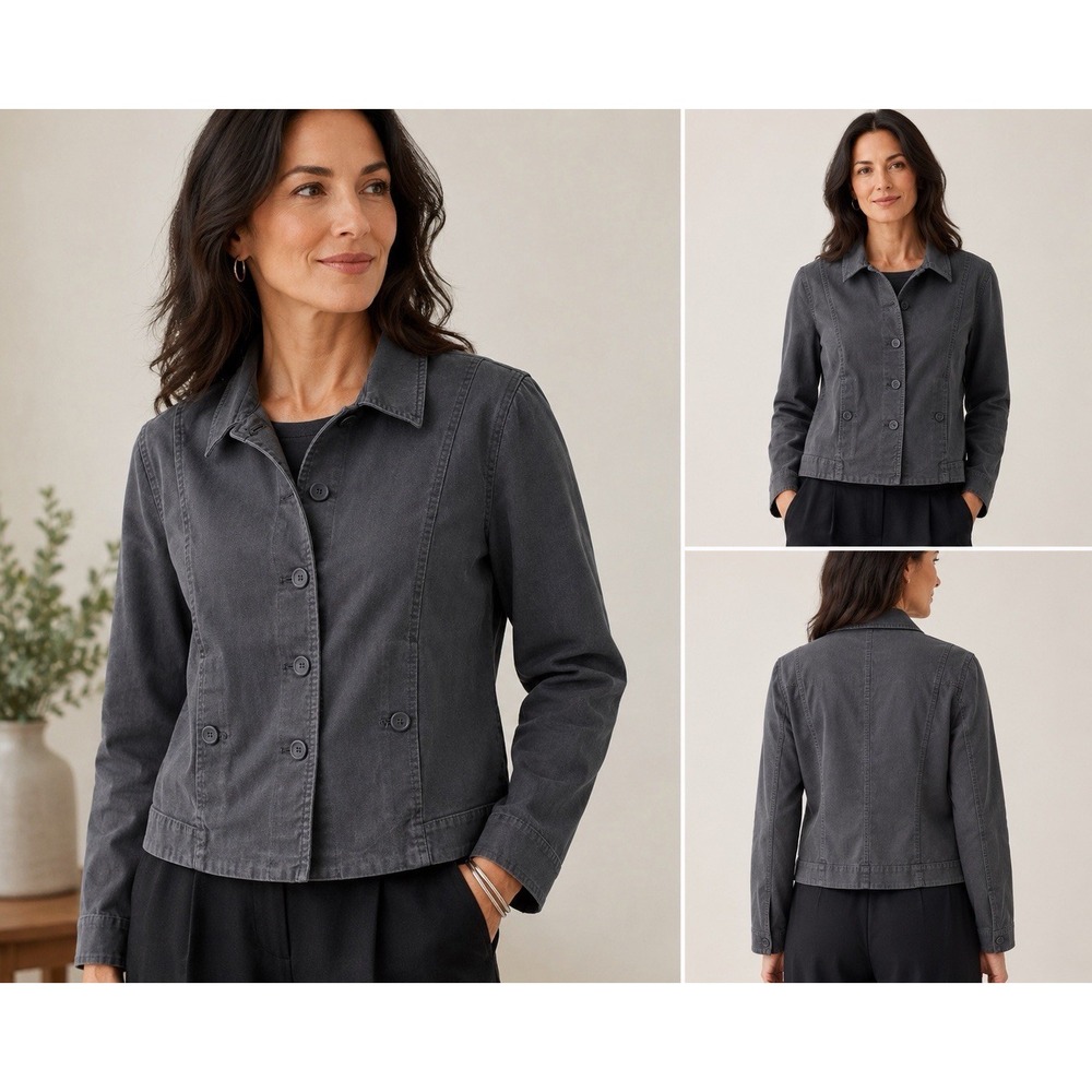 Eileen Fisher Organic Cotton Womens XS Jacket Gray Button Front Stretch Capsule